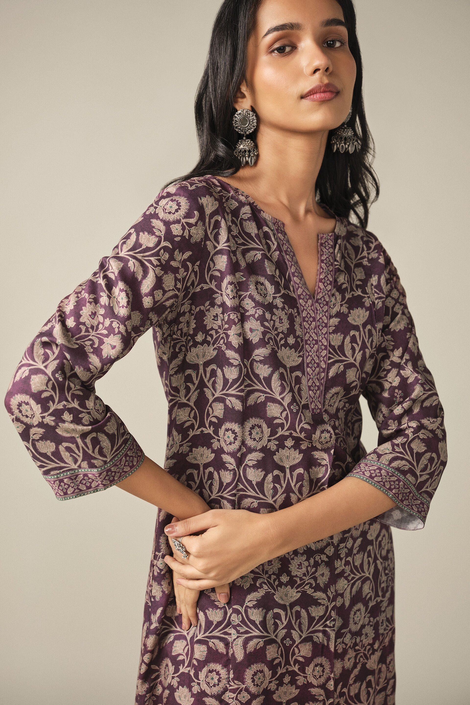 Floral Print Kurta Set in Purple, Purple, image 3